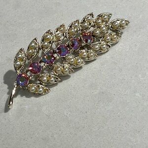 Gold Leaf Brooch with Pink Aurora Crystals and Pearls